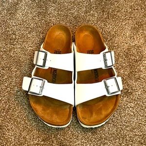 White Birkenstock Arizona sandals